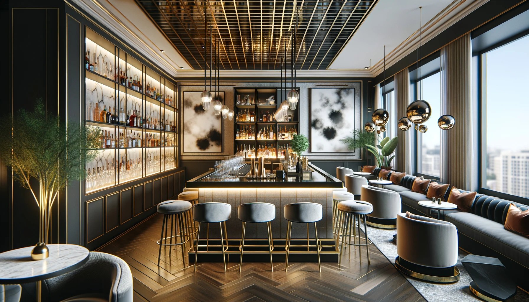 unlit cocktail bar with city views, cozy banquettes, barstools around a rectangular wooden bar in the centre.